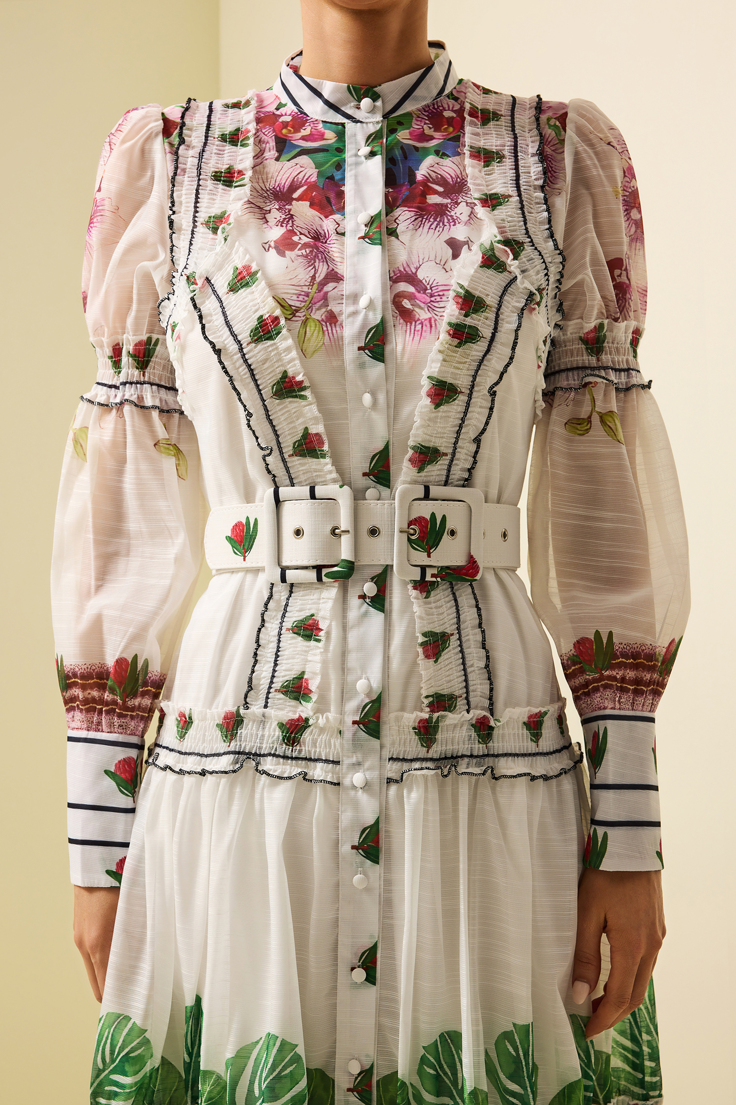 Floral Lantern Sleeve Midi Dress With Belt