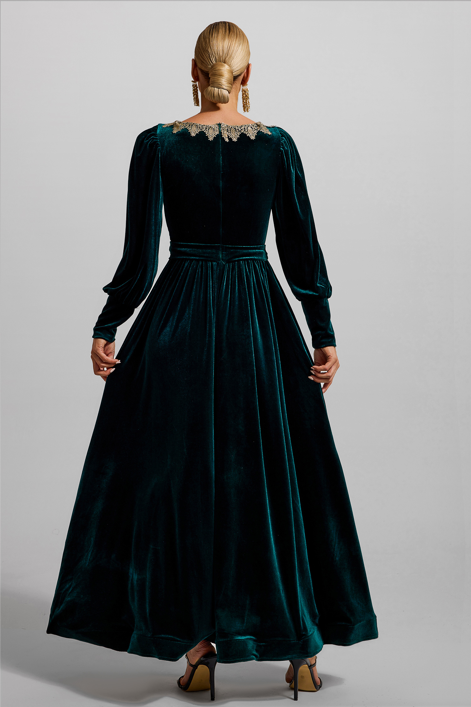 Solid Velvet Lantern Sleeve Maxi Dress