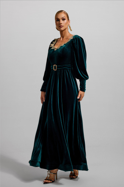 Solid Velvet Lantern Sleeve Maxi Dress