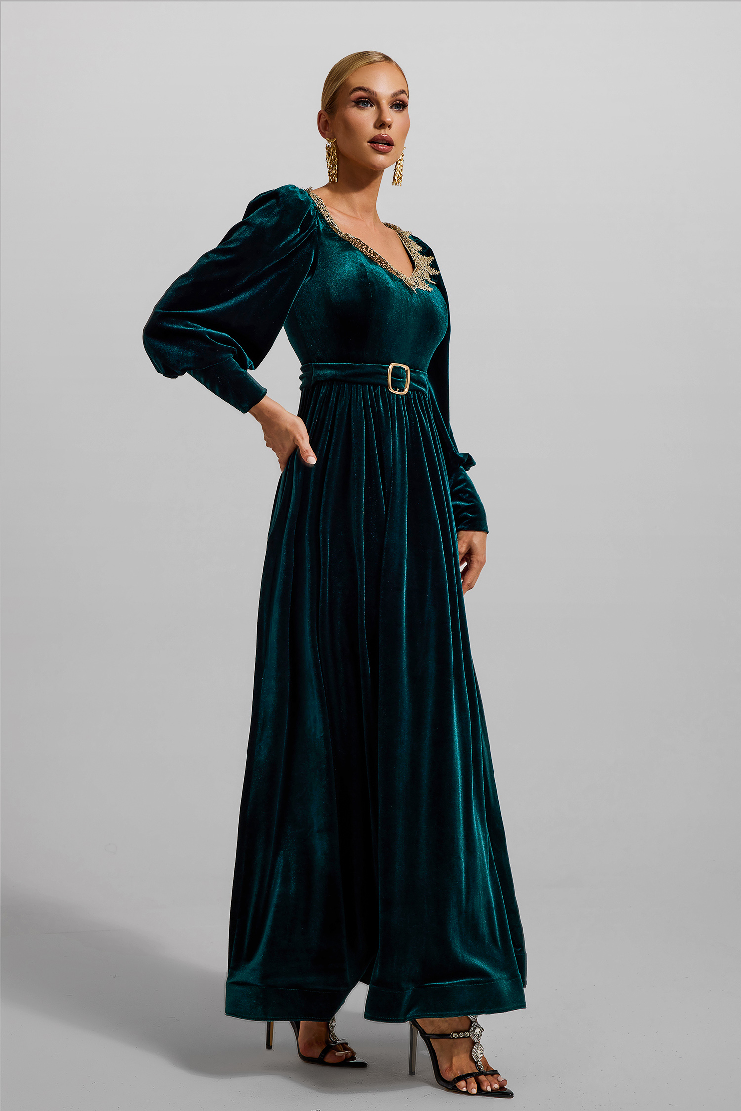 Solid Velvet Lantern Sleeve Maxi Dress