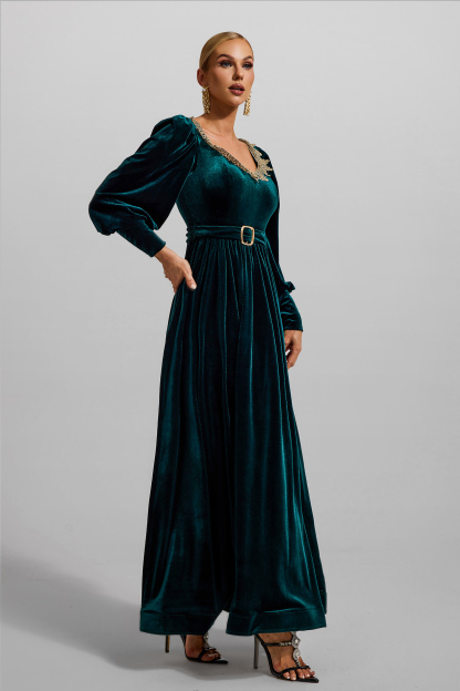 Solid Velvet Lantern Sleeve Maxi Dress