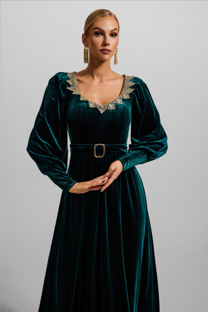 Solid Velvet Lantern Sleeve Maxi Dress