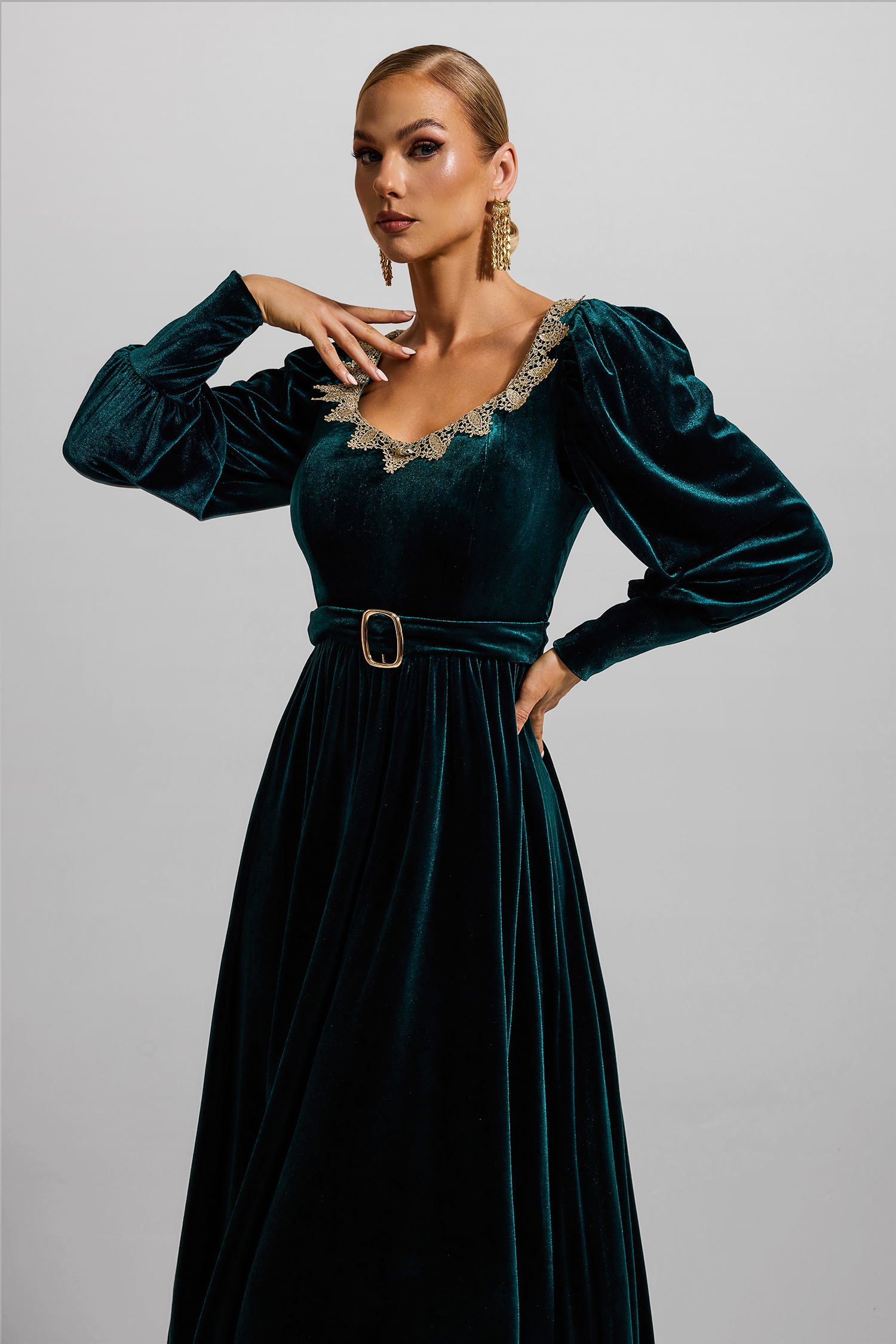 Solid Velvet Lantern Sleeve Maxi Dress