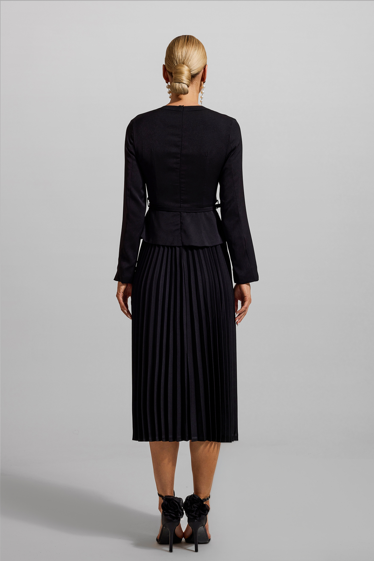 Solid Bow Pleated Long Sleeve Midi Dress With Belt