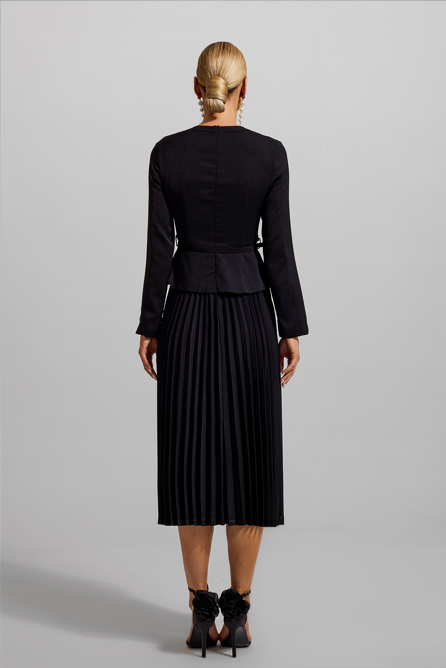 Solid Bow Pleated Long Sleeve Midi Dress With Belt