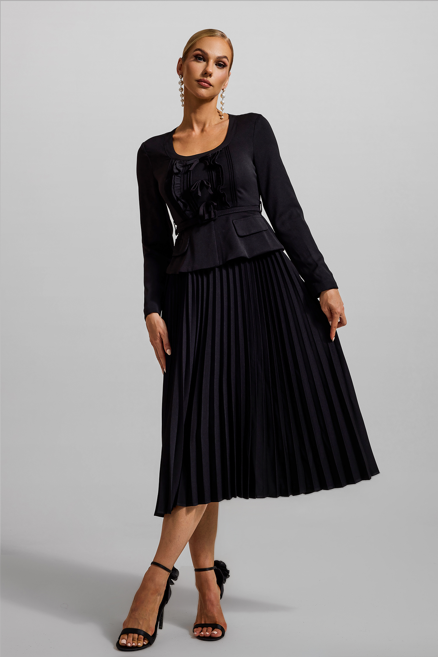 Solid Bow Pleated Long Sleeve Midi Dress With Belt