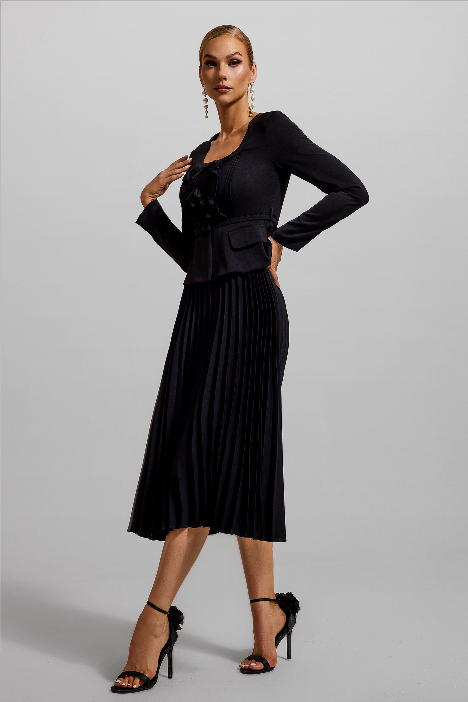 Solid Bow Pleated Long Sleeve Midi Dress With Belt