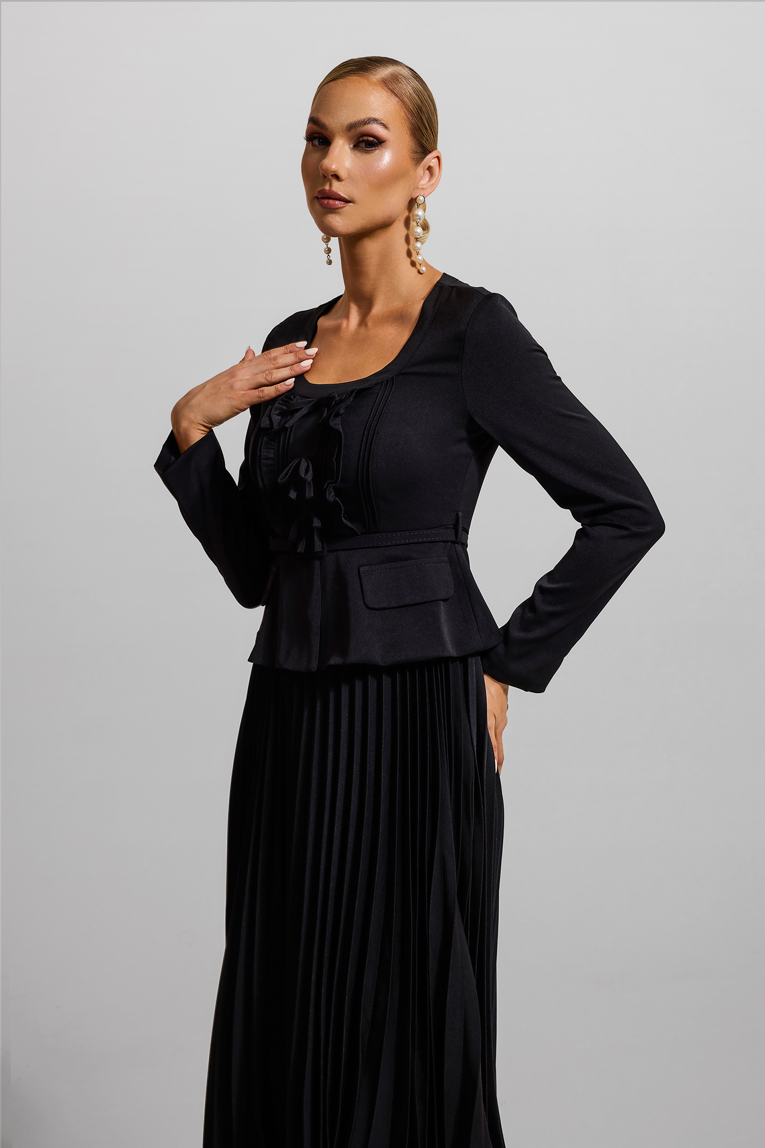 Solid Bow Pleated Long Sleeve Midi Dress With Belt