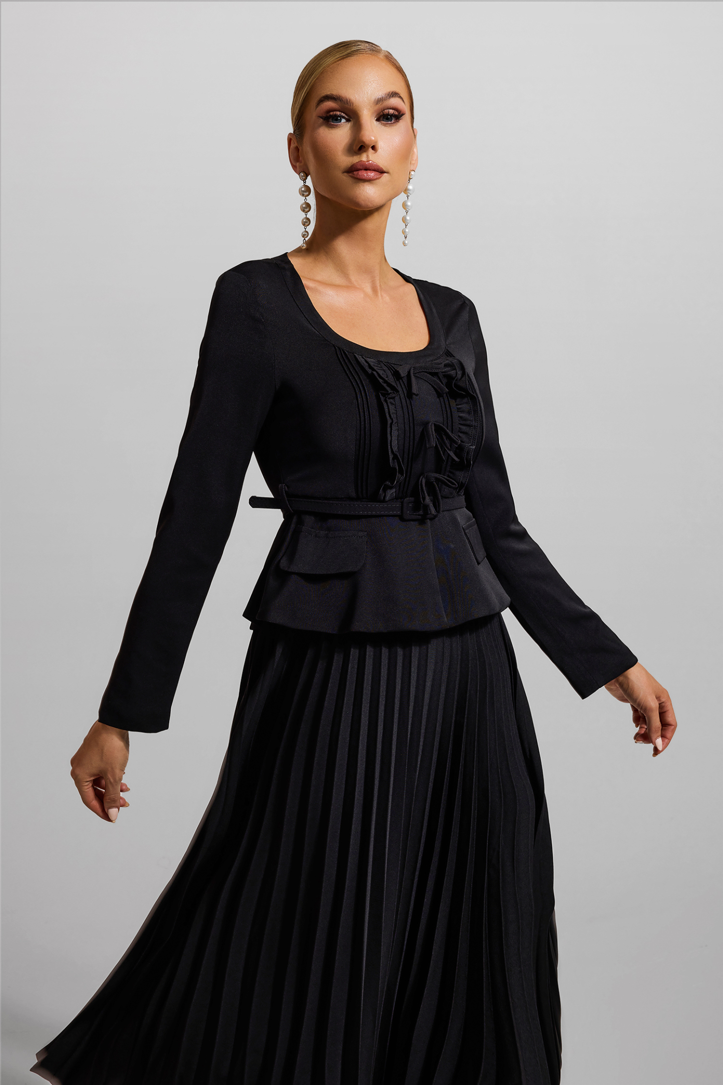 Solid Bow Pleated Long Sleeve Midi Dress With Belt