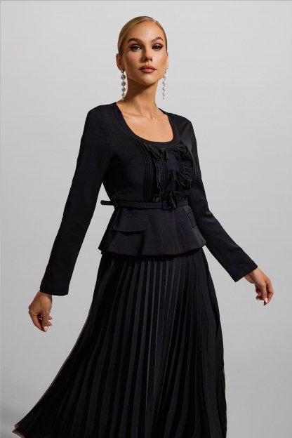 Solid Bow Pleated Long Sleeve Midi Dress With Belt