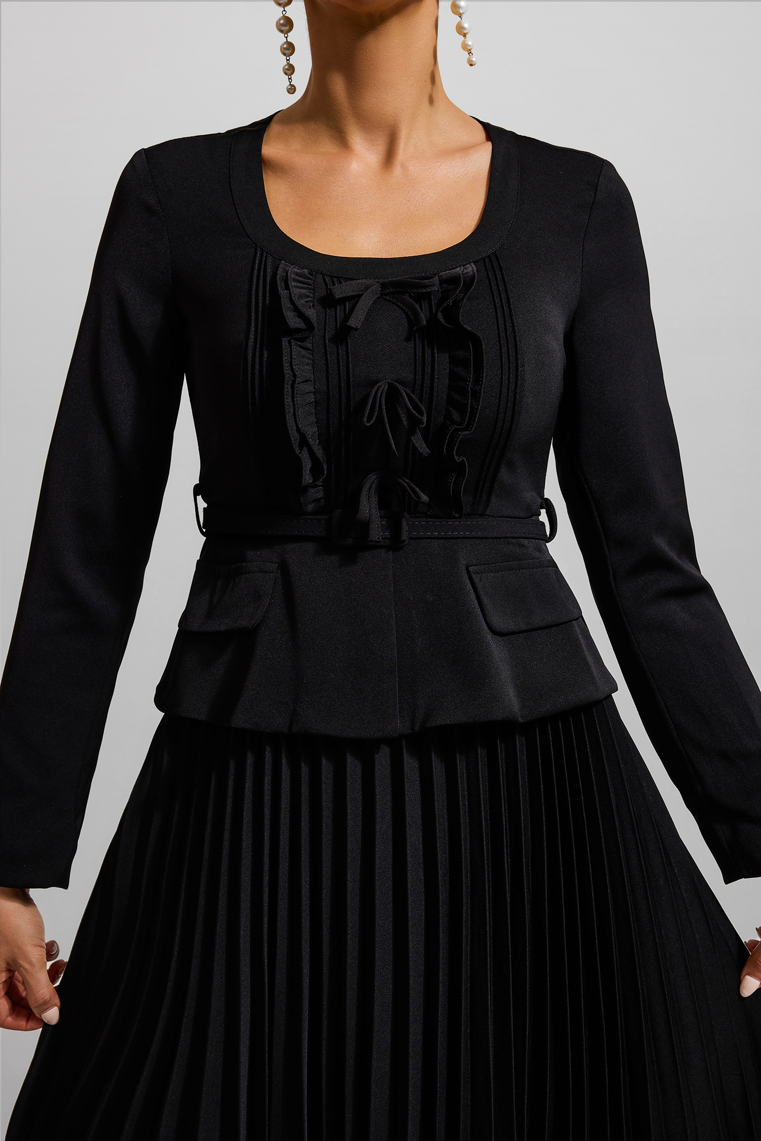 Solid Bow Pleated Long Sleeve Midi Dress With Belt