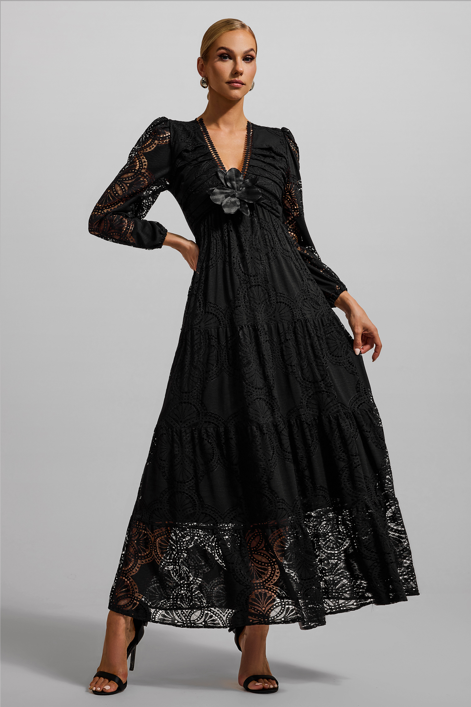 Lace 3D Flower Long Sleeve Midi Dress