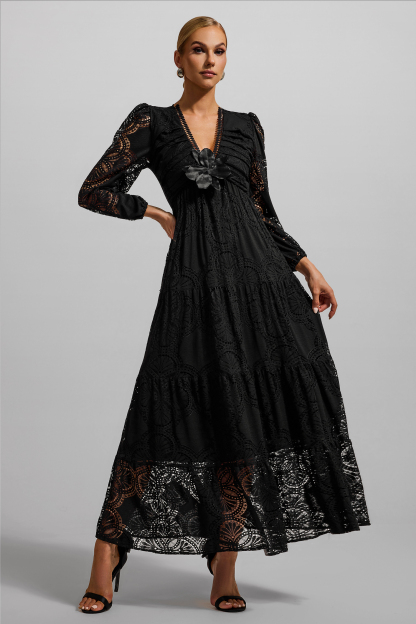 Lace 3D Flower Long Sleeve Midi Dress