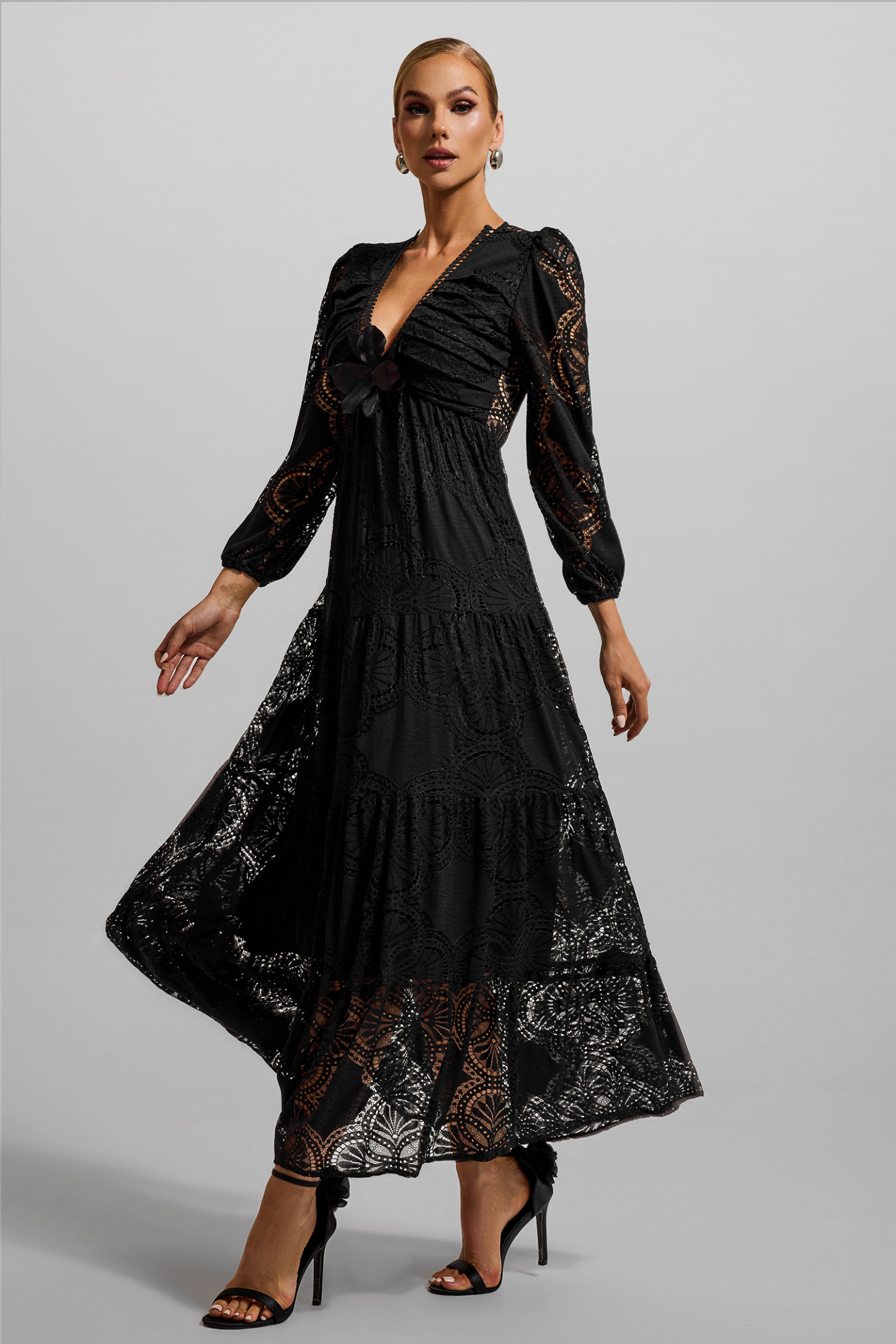 Lace 3D Flower Long Sleeve Midi Dress
