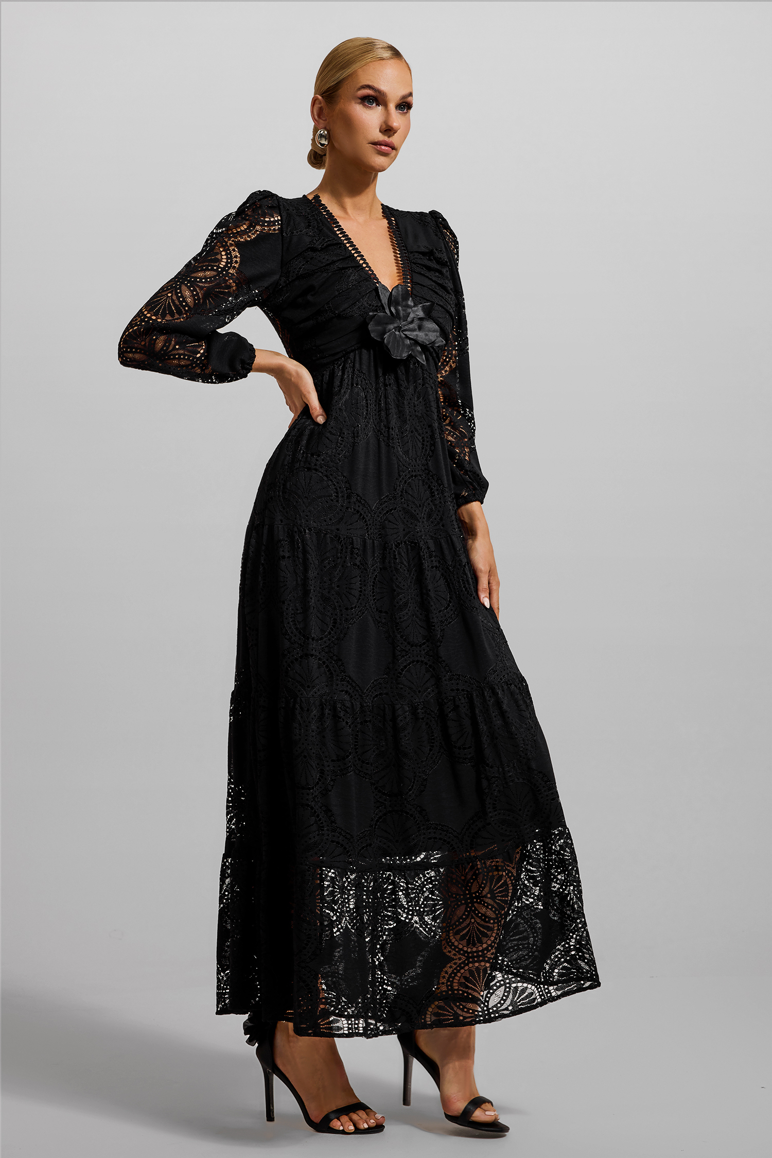 Lace 3D Flower Long Sleeve Midi Dress
