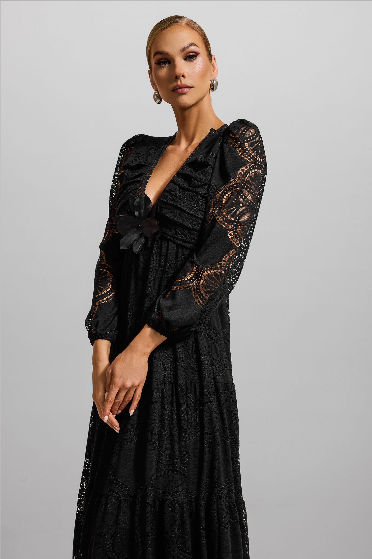 Lace 3D Flower Long Sleeve Midi Dress