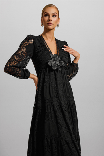 Lace 3D Flower Long Sleeve Midi Dress