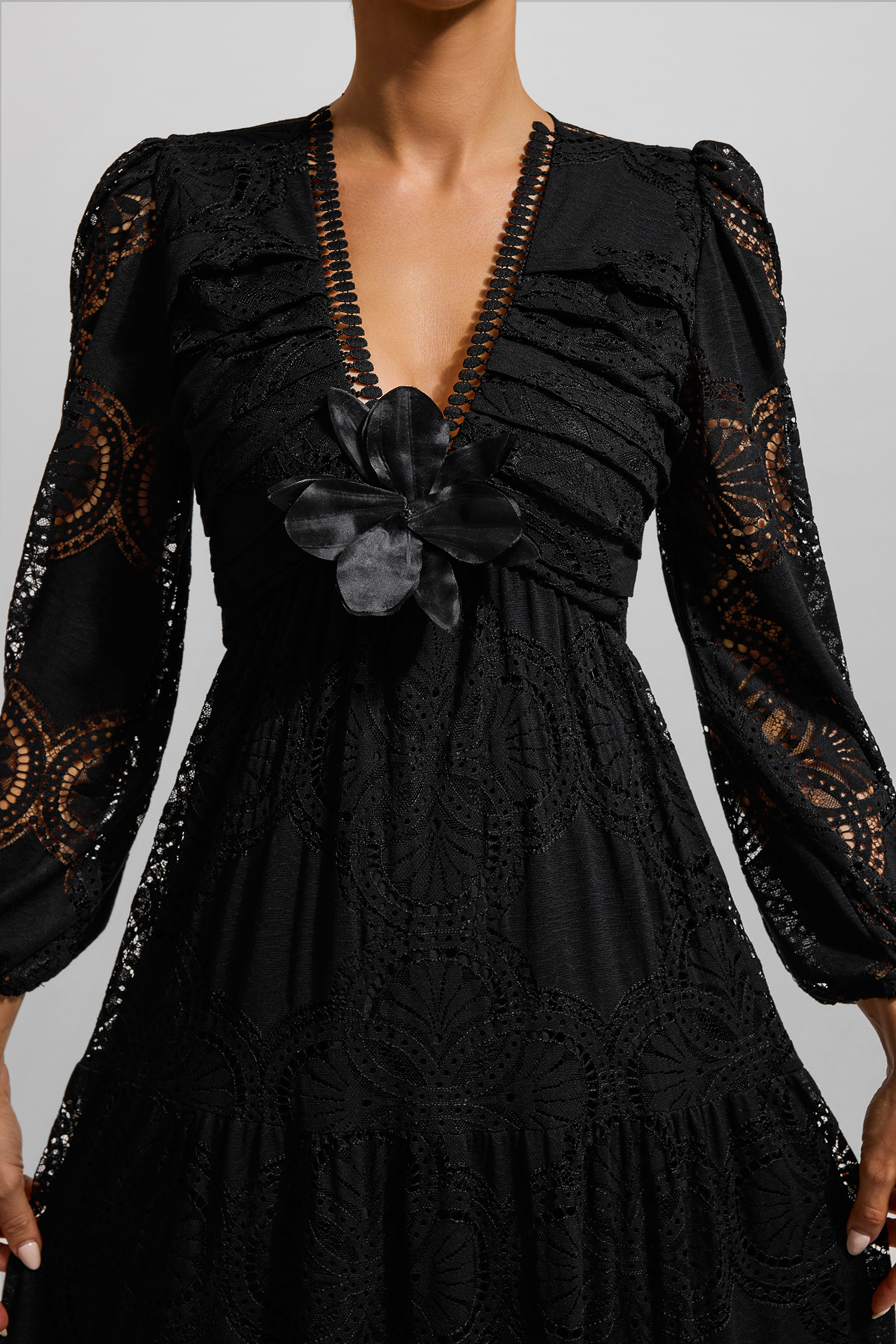 Lace 3D Flower Long Sleeve Midi Dress