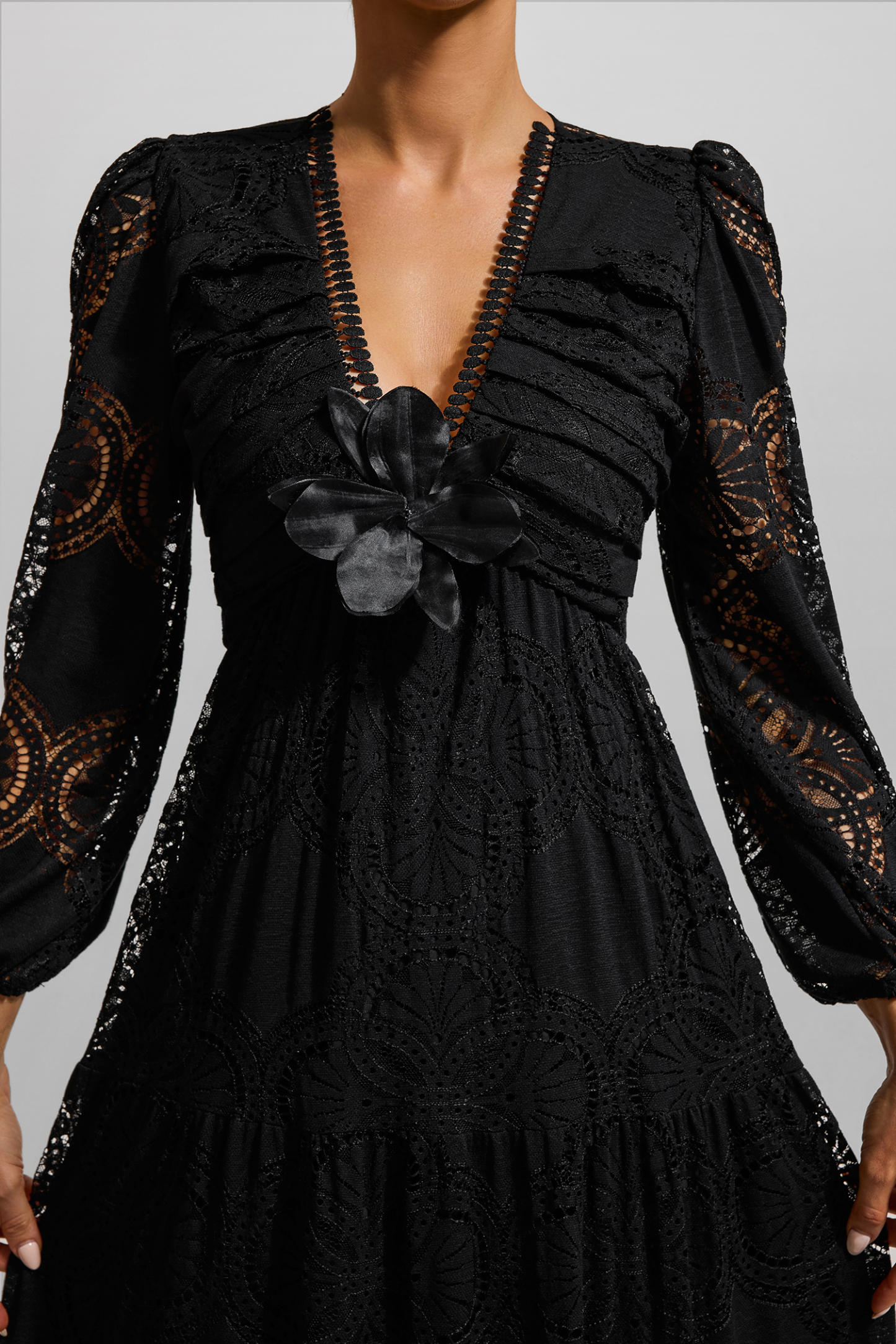Lace 3D Flower Long Sleeve Midi Dress