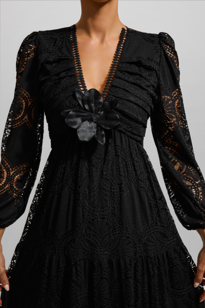 Lace 3D Flower Long Sleeve Midi Dress