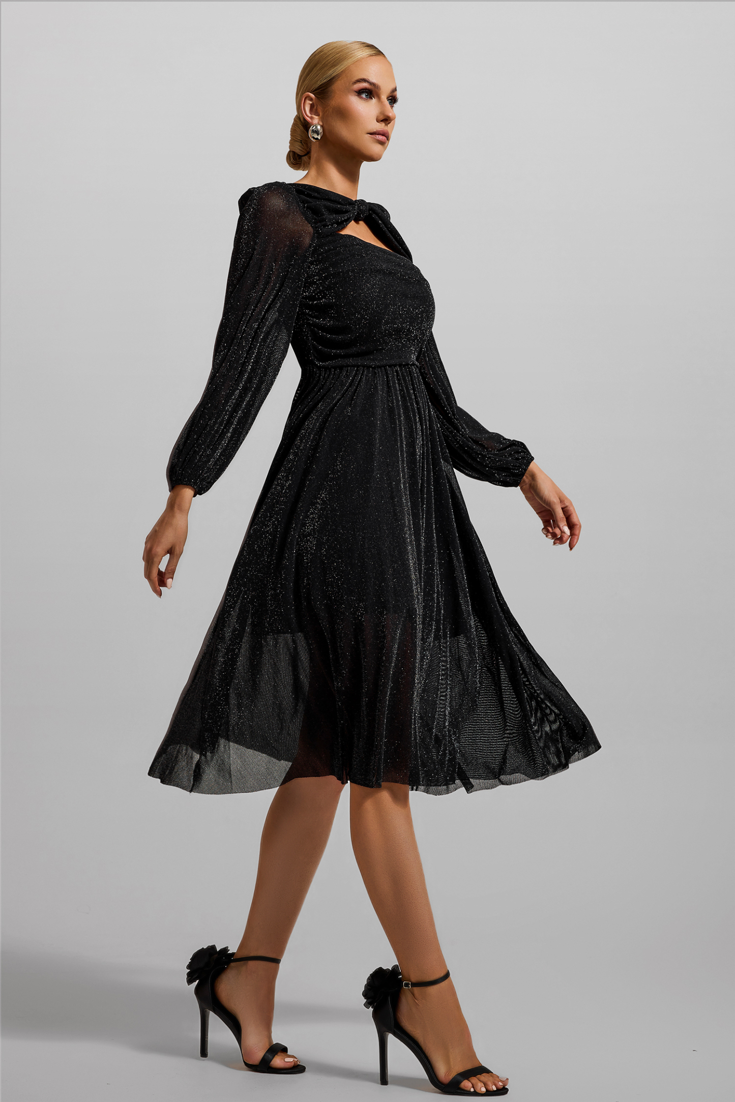 Knotted Ruched Lantern Sleeve Midi Dress