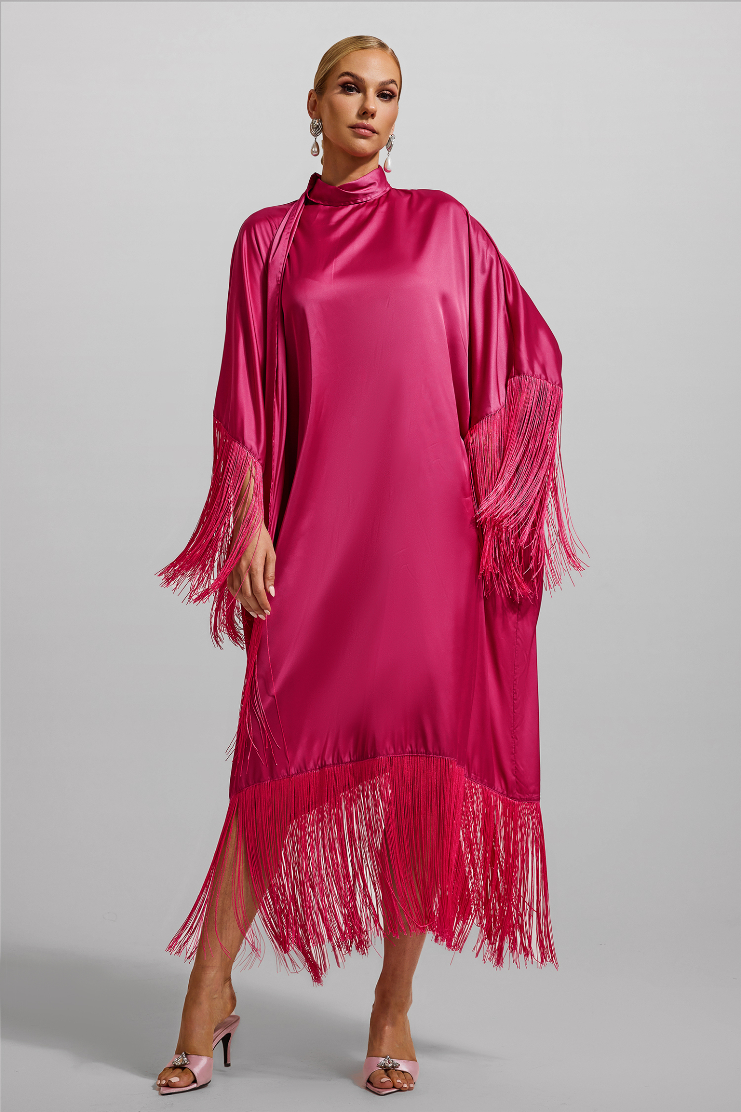 Satin Tassel High Neck Midi Dress