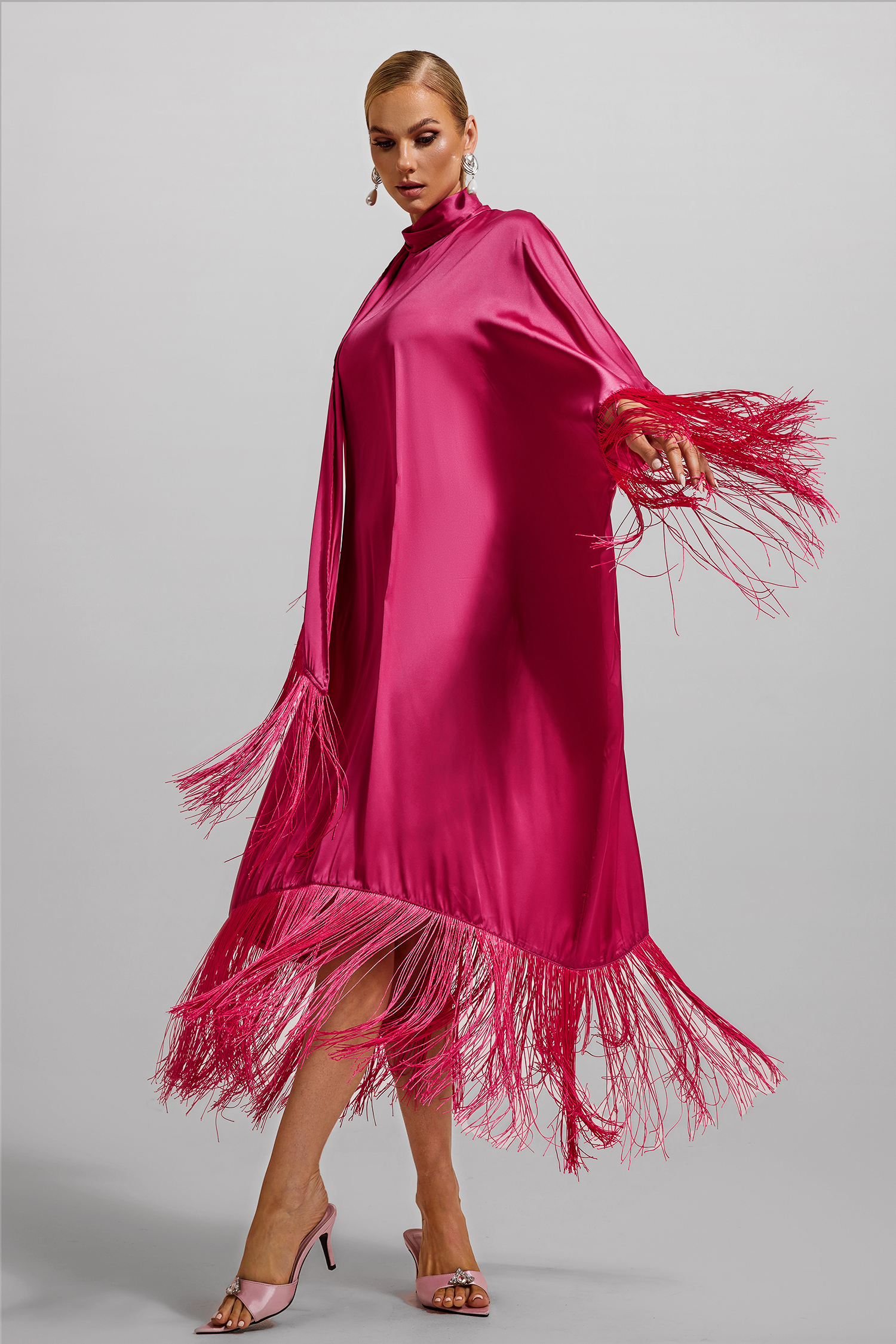 Satin Tassel High Neck Midi Dress