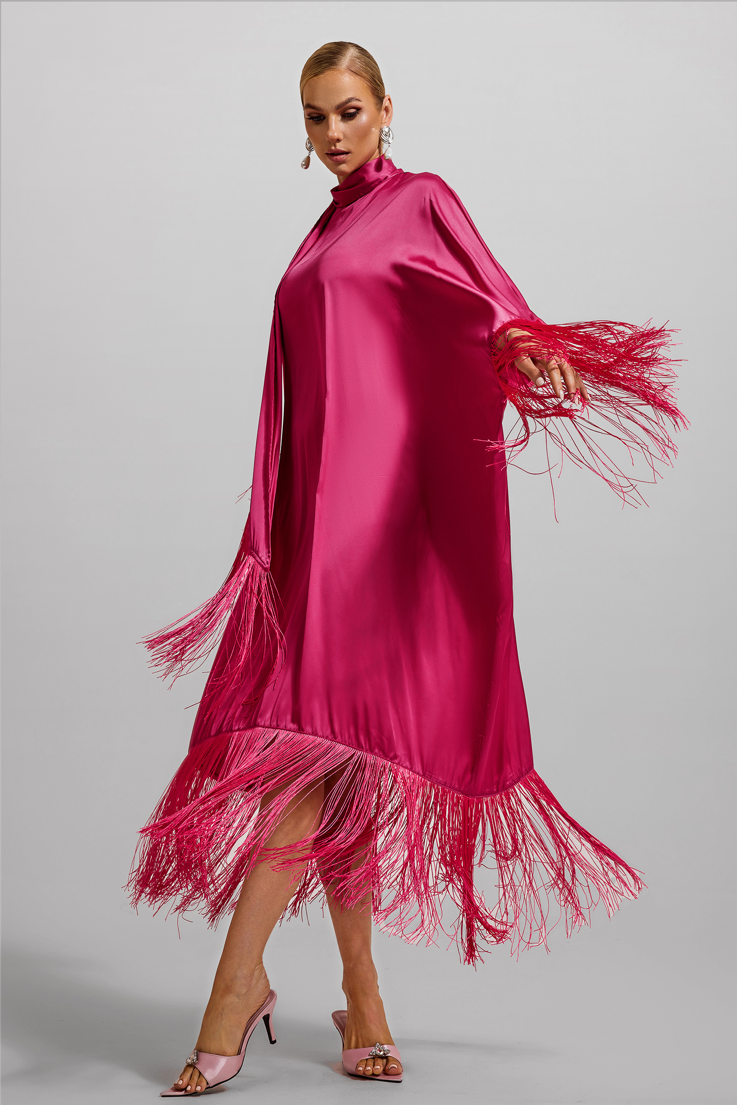 Satin Tassel High Neck Midi Dress