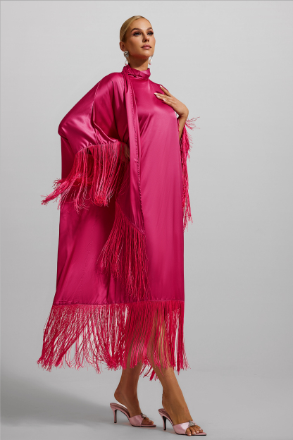 Satin Tassel High Neck Midi Dress