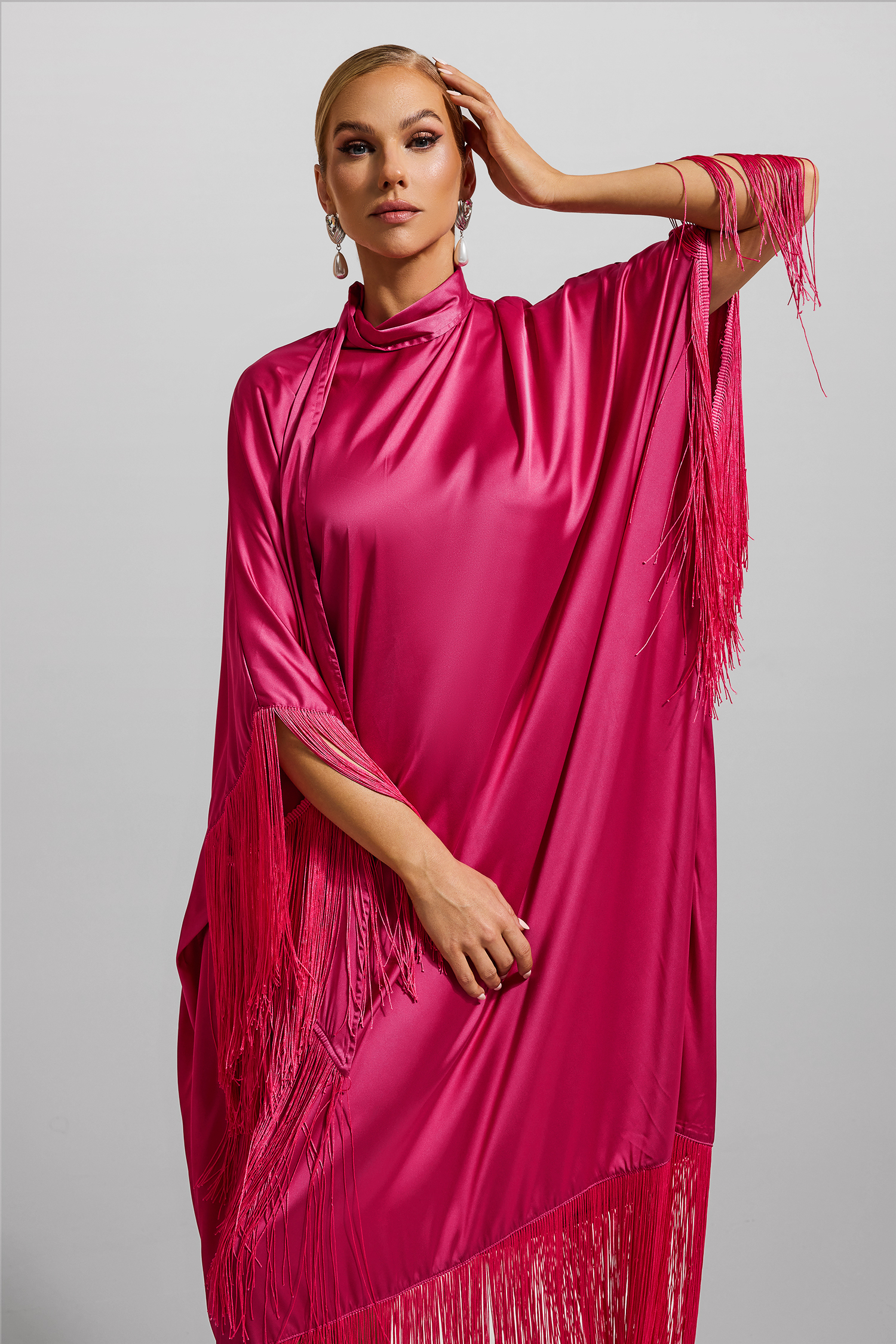 Satin Tassel High Neck Midi Dress