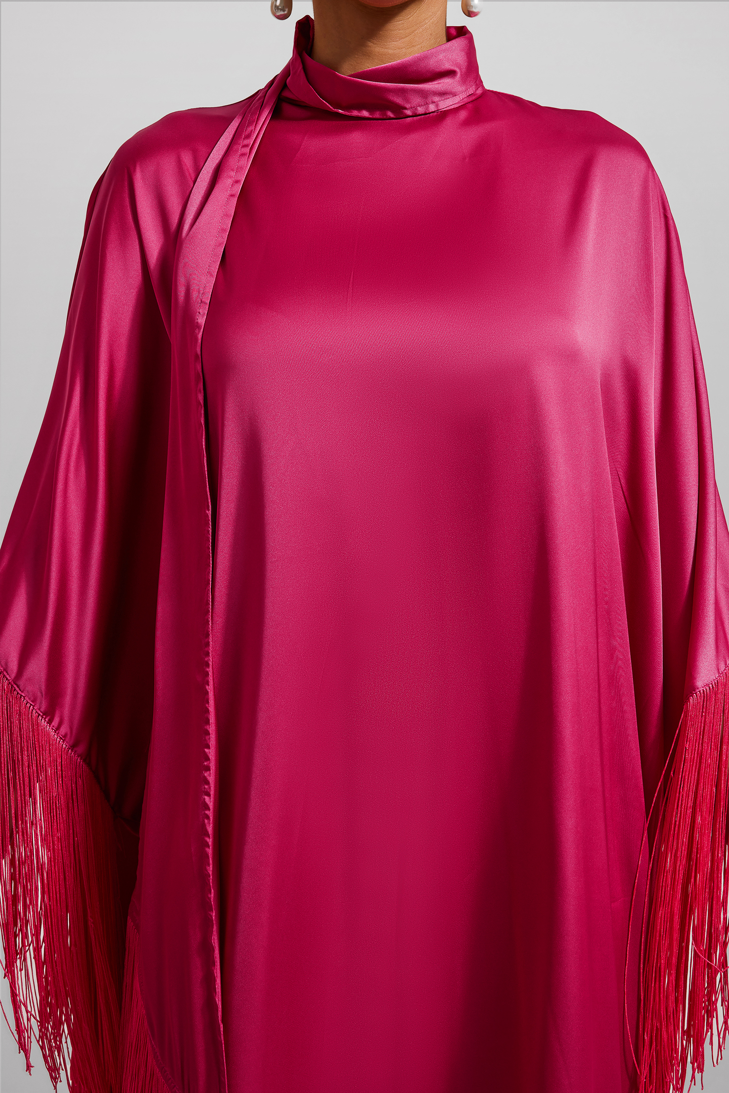 Satin Tassel High Neck Midi Dress