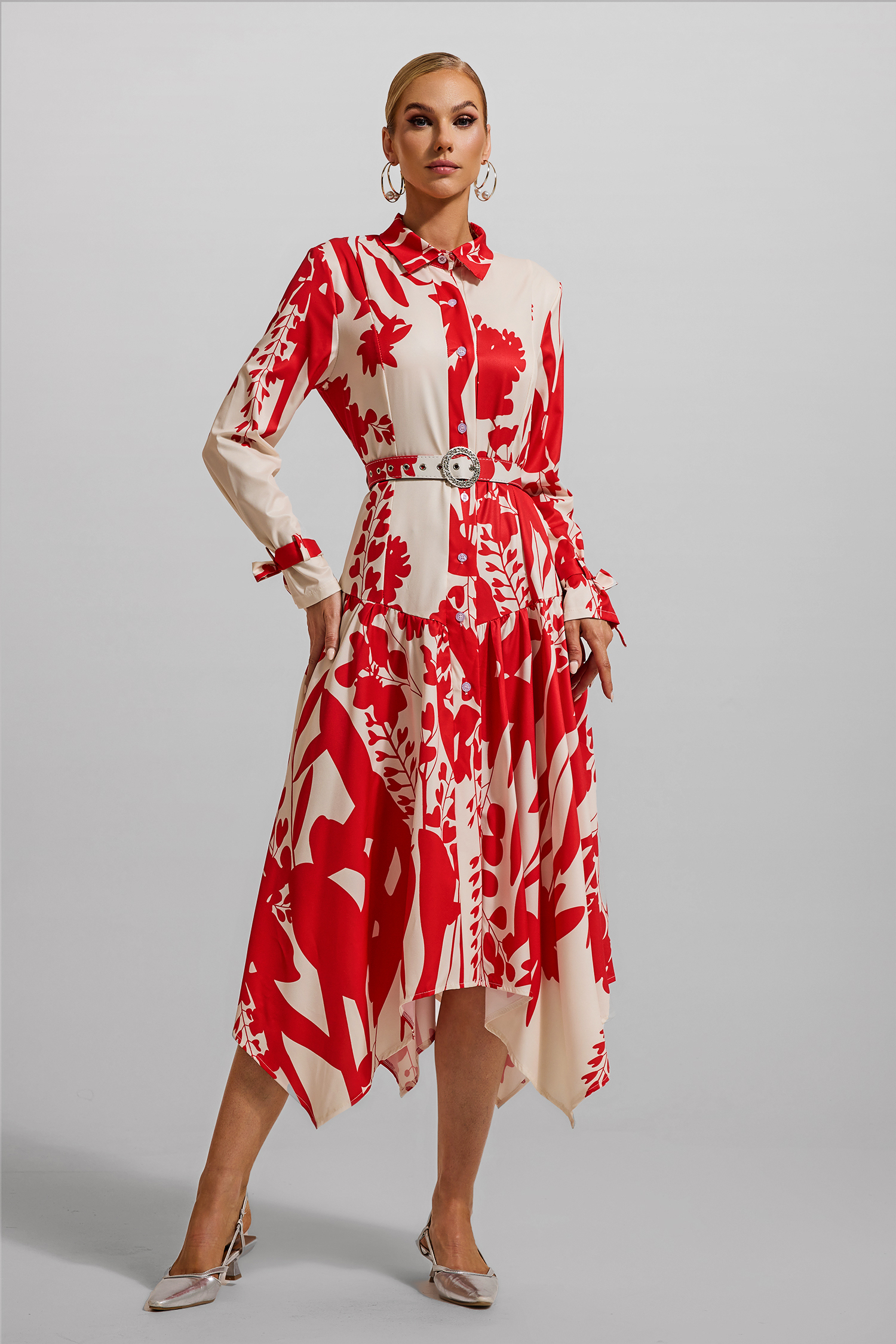 Floral Lace Up Midi Dress With Belt