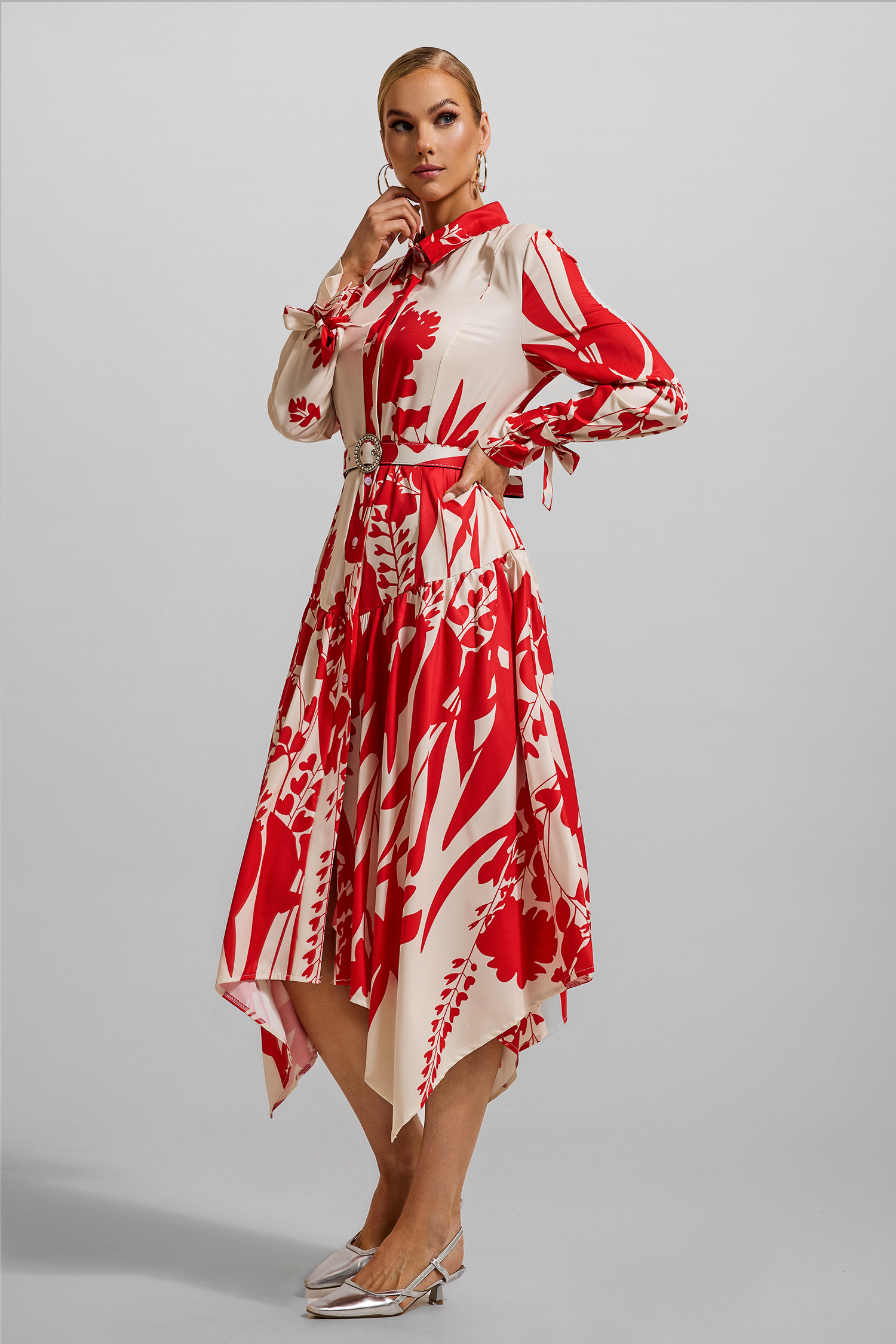 Floral Lace Up Midi Dress With Belt