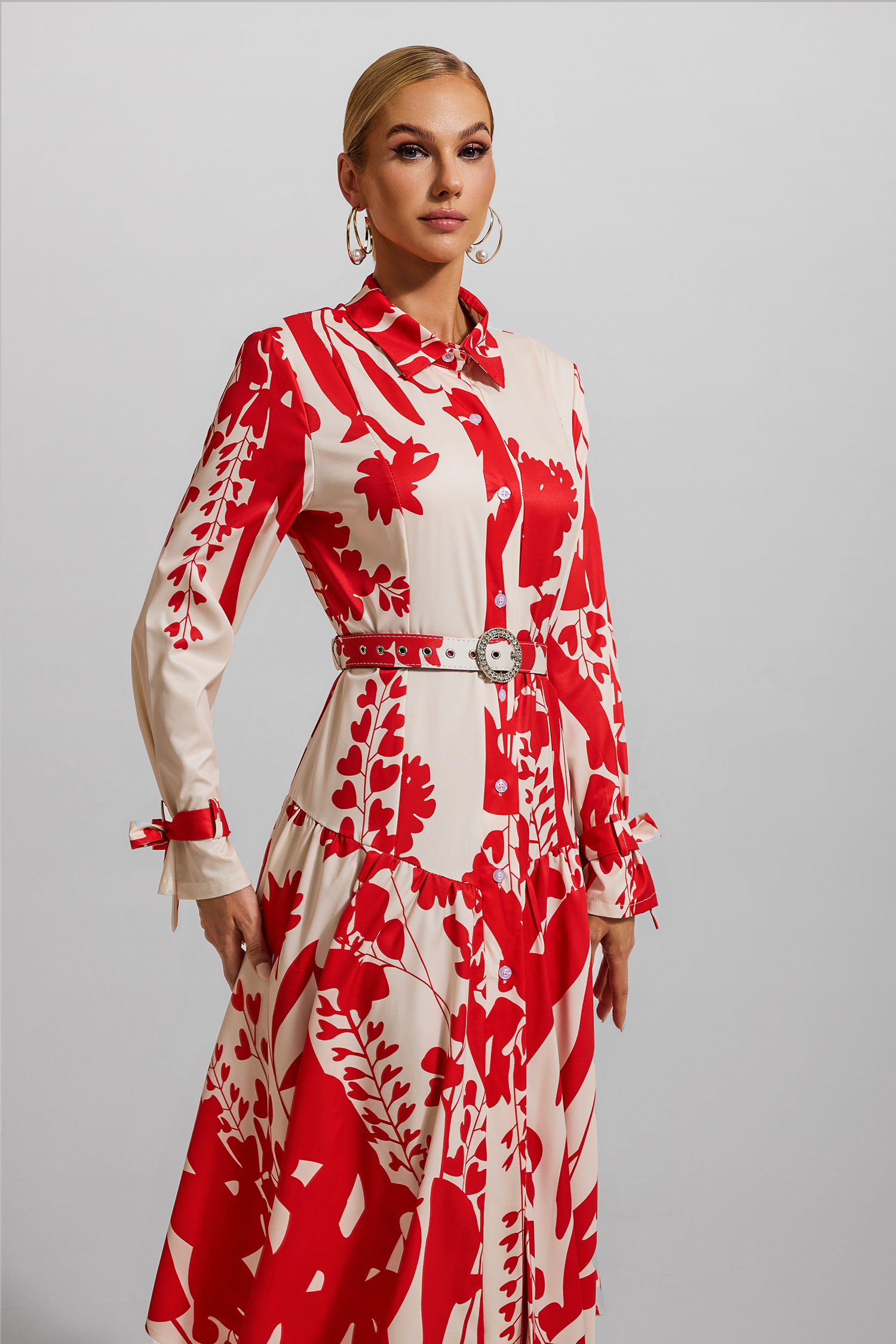 Floral Lace Up Midi Dress With Belt