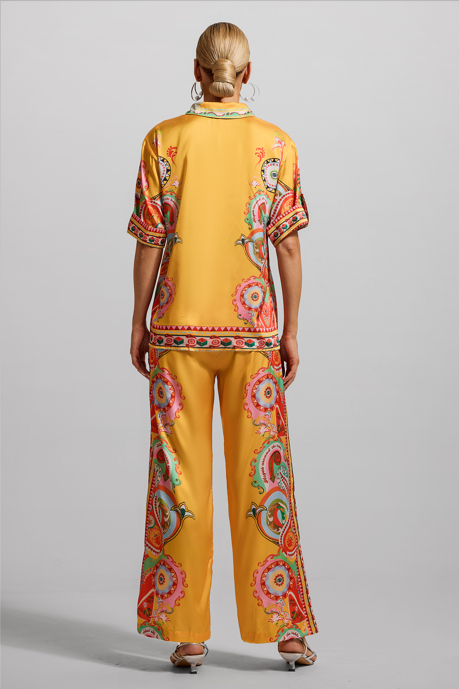 Paisley Print Satin Bottom Top ＆ Mid Waist Pants Set