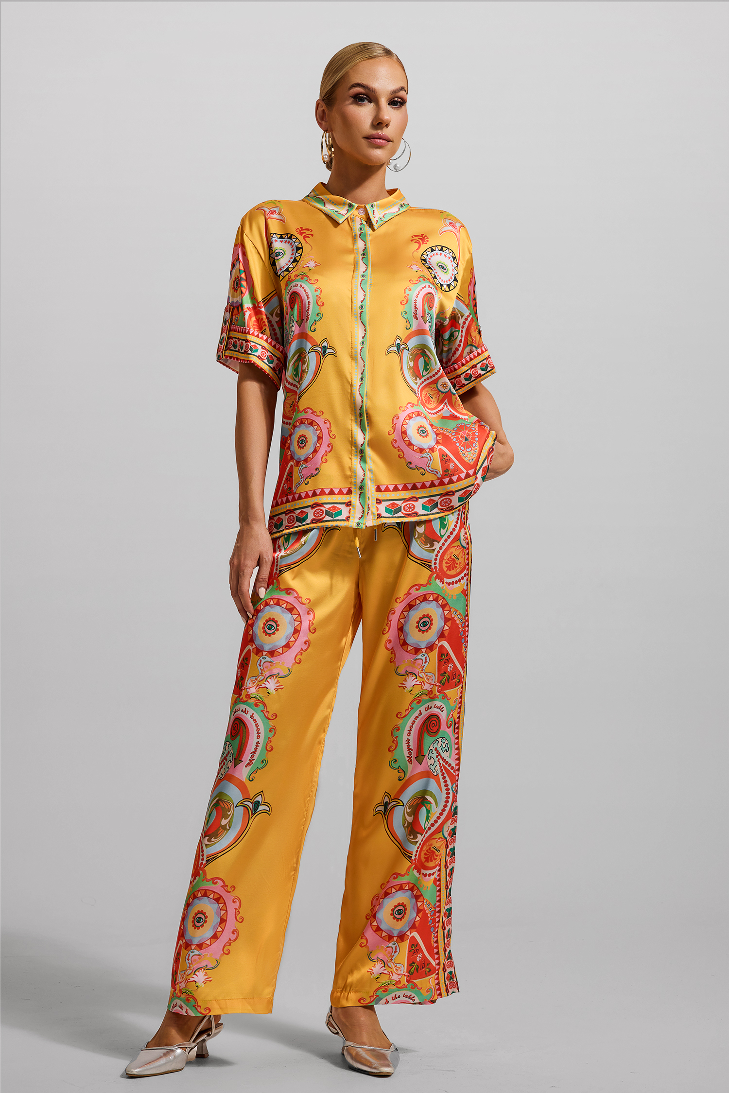 Paisley Print Satin Bottom Top ＆ Mid Waist Pants Set