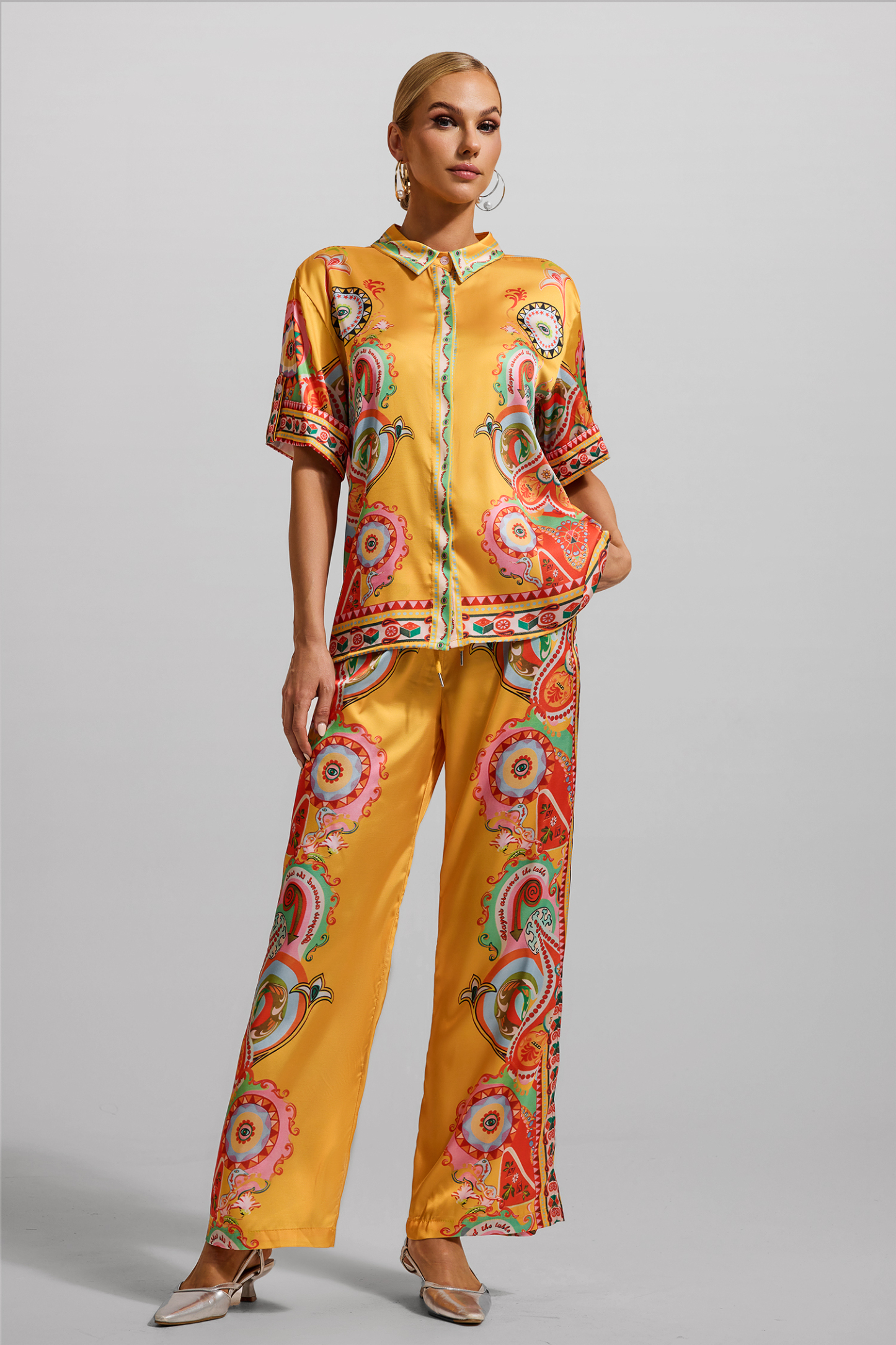 Paisley Print Satin Bottom Top ＆ Mid Waist Pants Set
