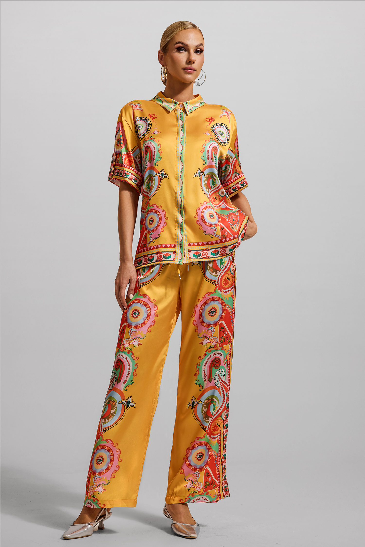 Paisley Print Satin Bottom Top ＆ Mid Waist Pants Set