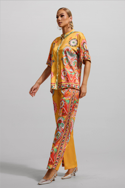 Paisley Print Satin Bottom Top ＆ Mid Waist Pants Set