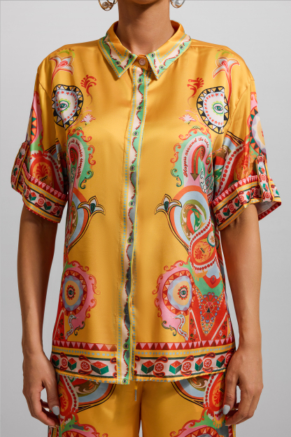 Paisley Print Satin Bottom Top ＆ Mid Waist Pants Set