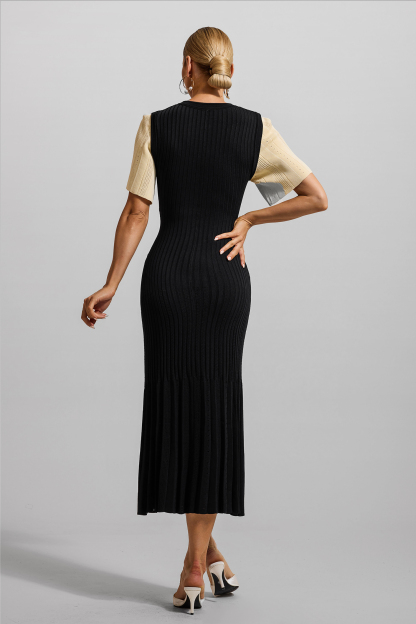 Jersey Button Splicing Midi Dress Black