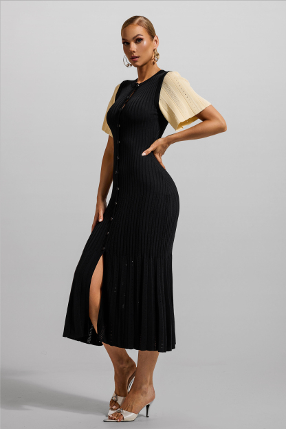 Jersey Button Splicing Midi Dress Black