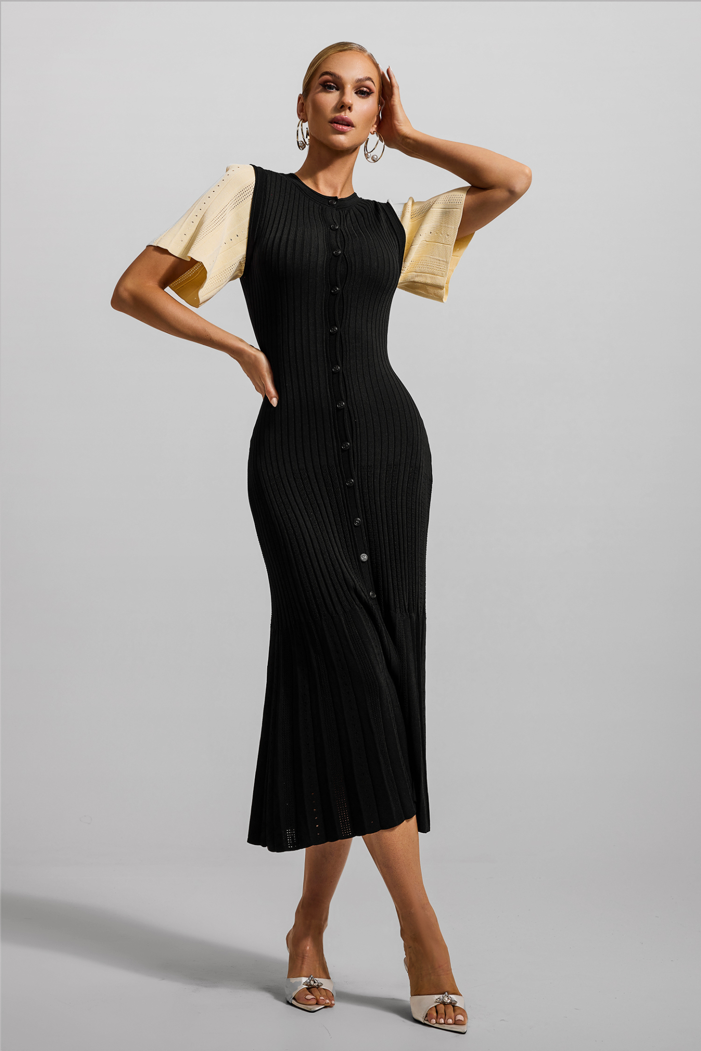 Jersey Button Splicing Midi Dress Black