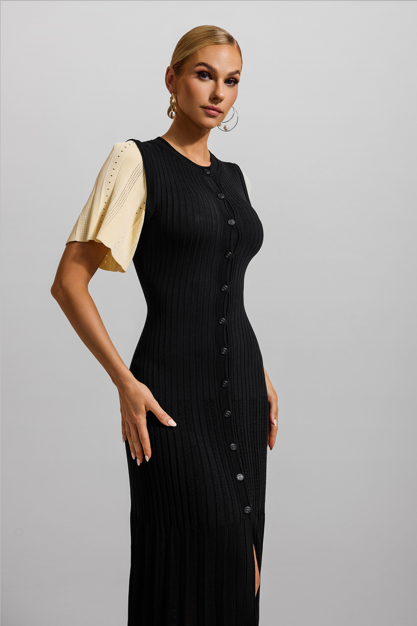 Jersey Button Splicing Midi Dress Black