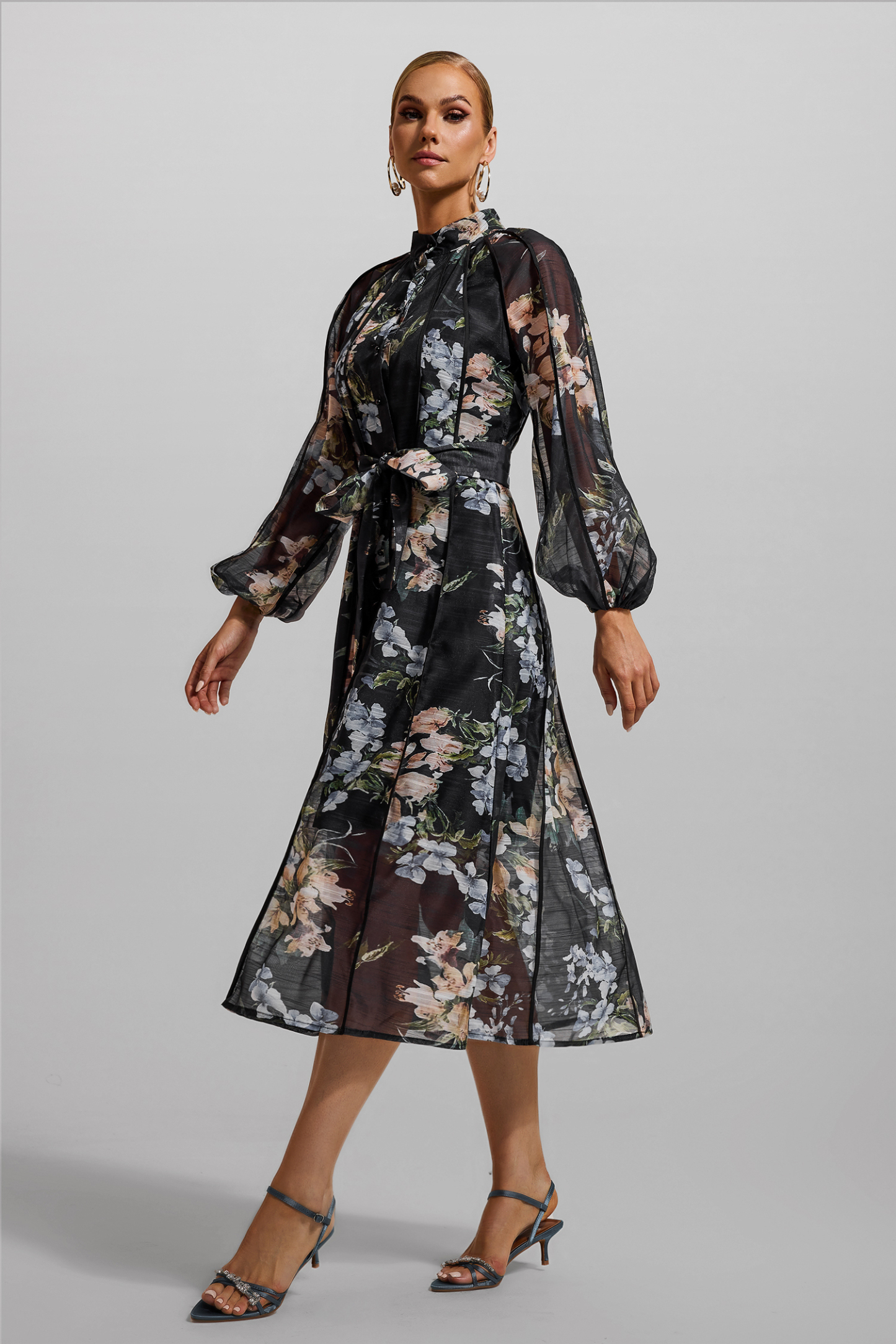 Floral Lantern Sleeve Bottom Midi Dress