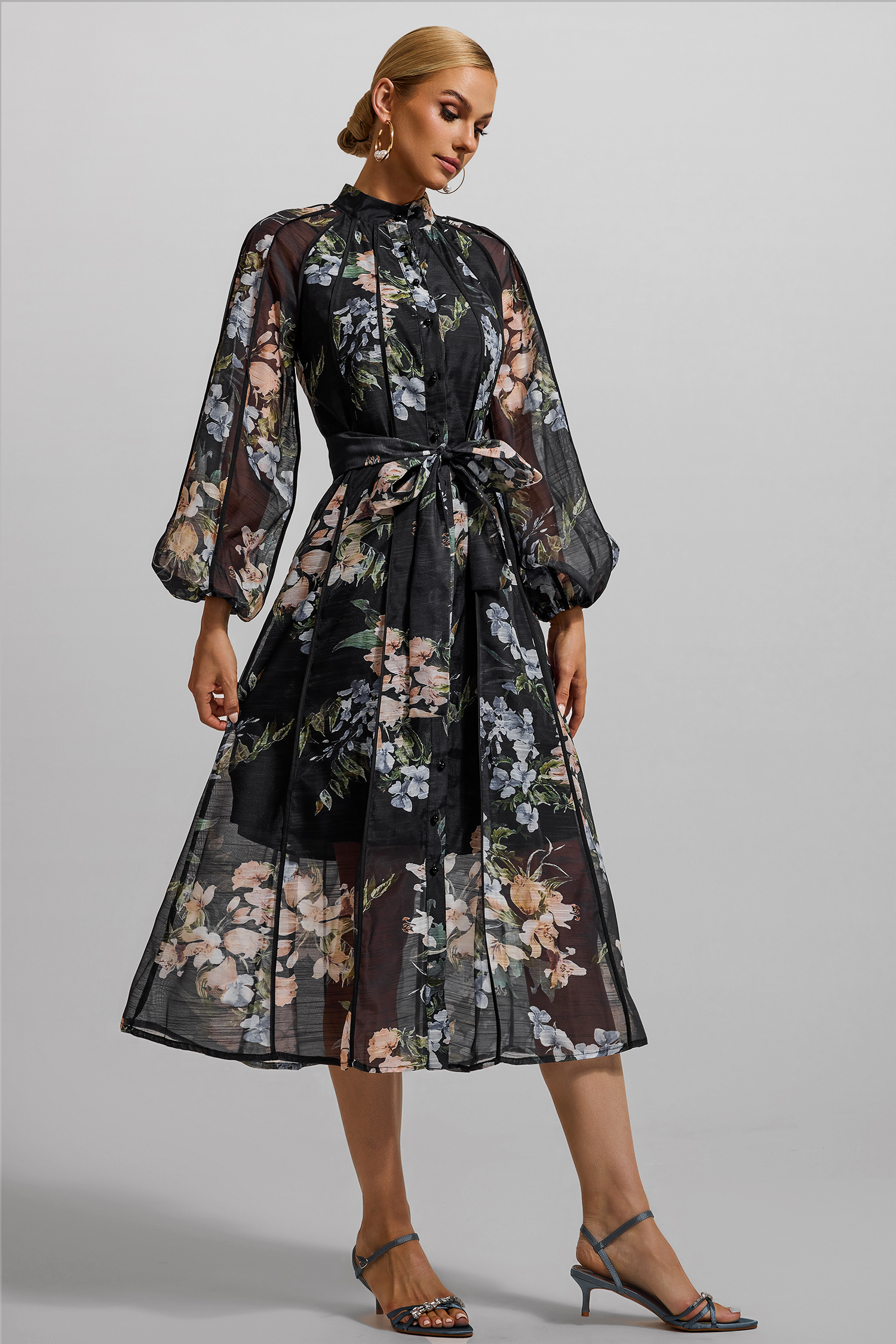 Floral Lantern Sleeve Bottom Midi Dress