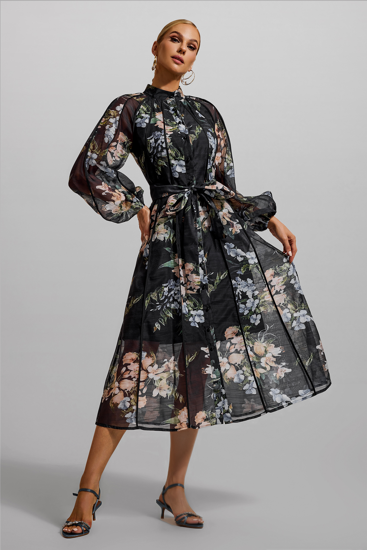 Floral Lantern Sleeve Bottom Midi Dress