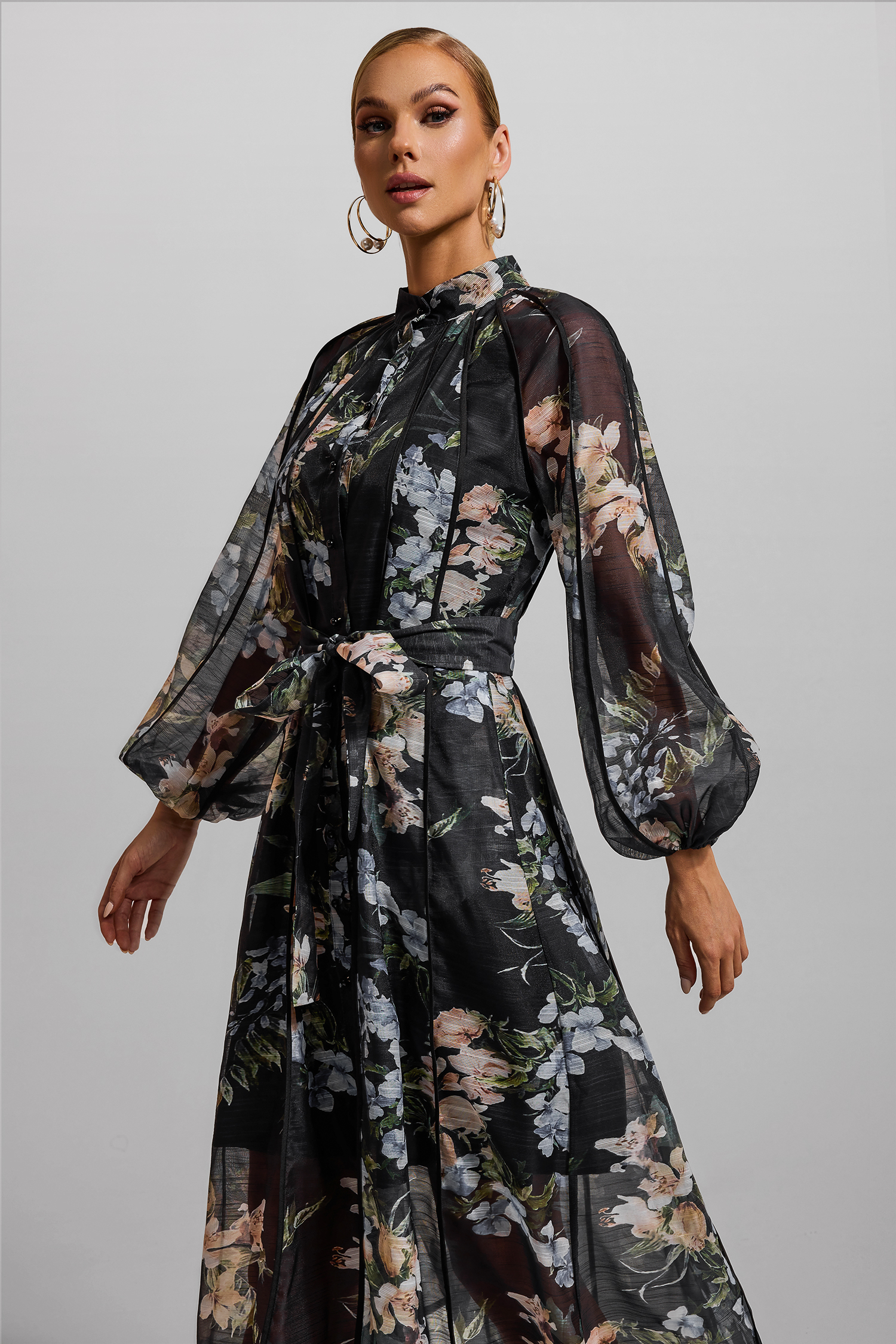 Floral Lantern Sleeve Bottom Midi Dress
