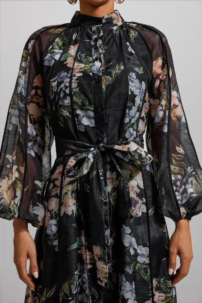 Floral Lantern Sleeve Bottom Midi Dress