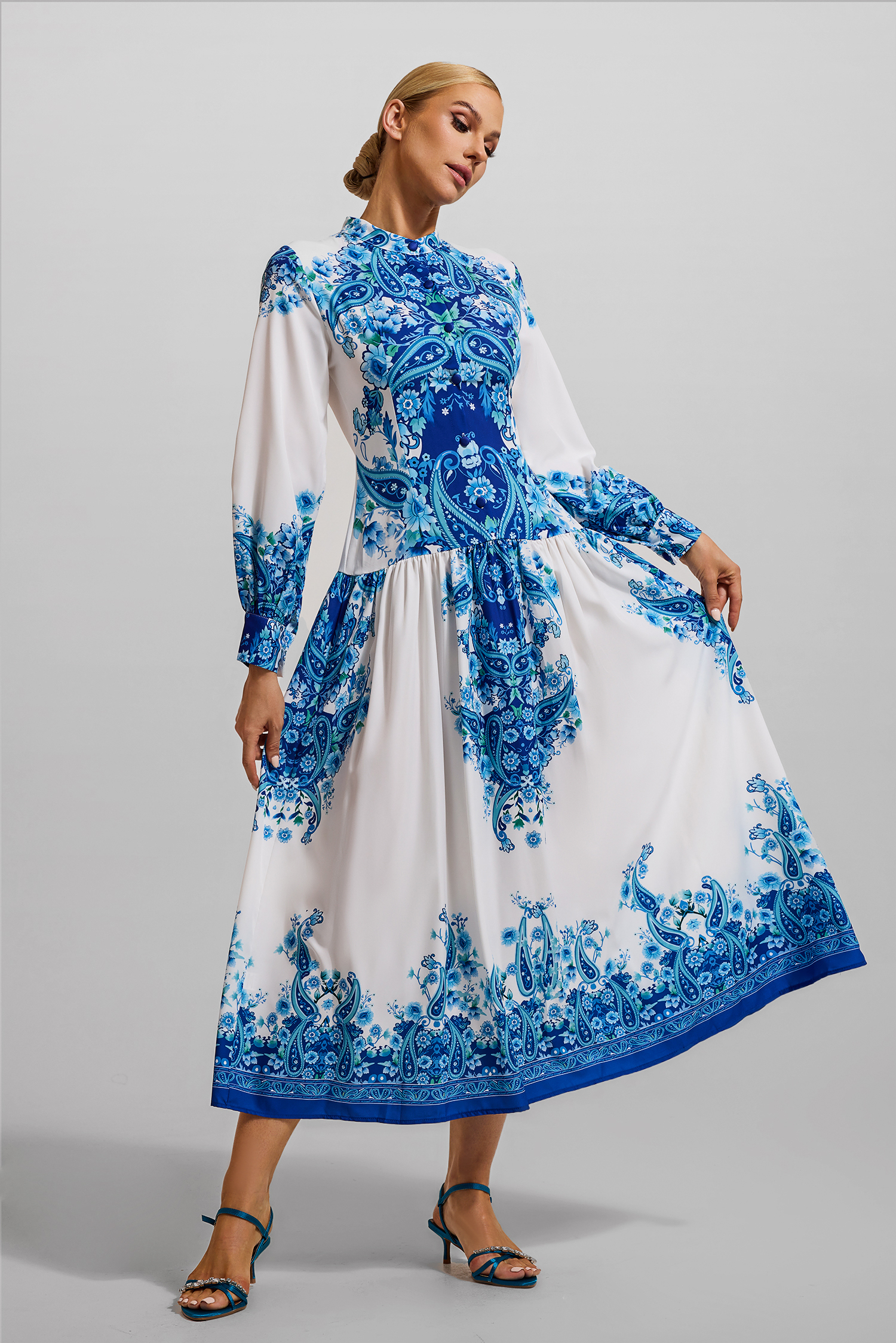 Paisley Print Round Neck Lantern Sleeve Midi Dress